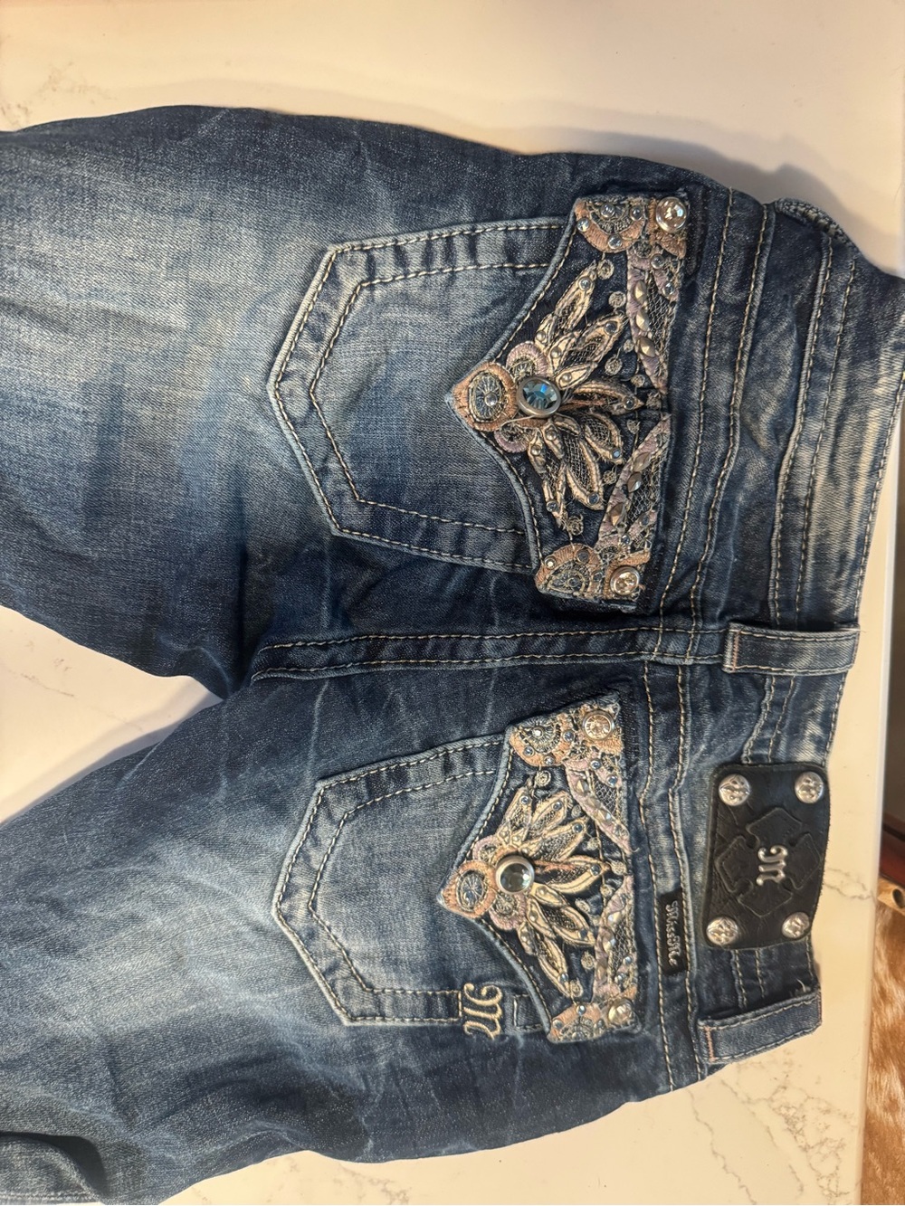 Lot of Two: Miss Me Blue Embellished Skinny Jeans with Rhinestone Details